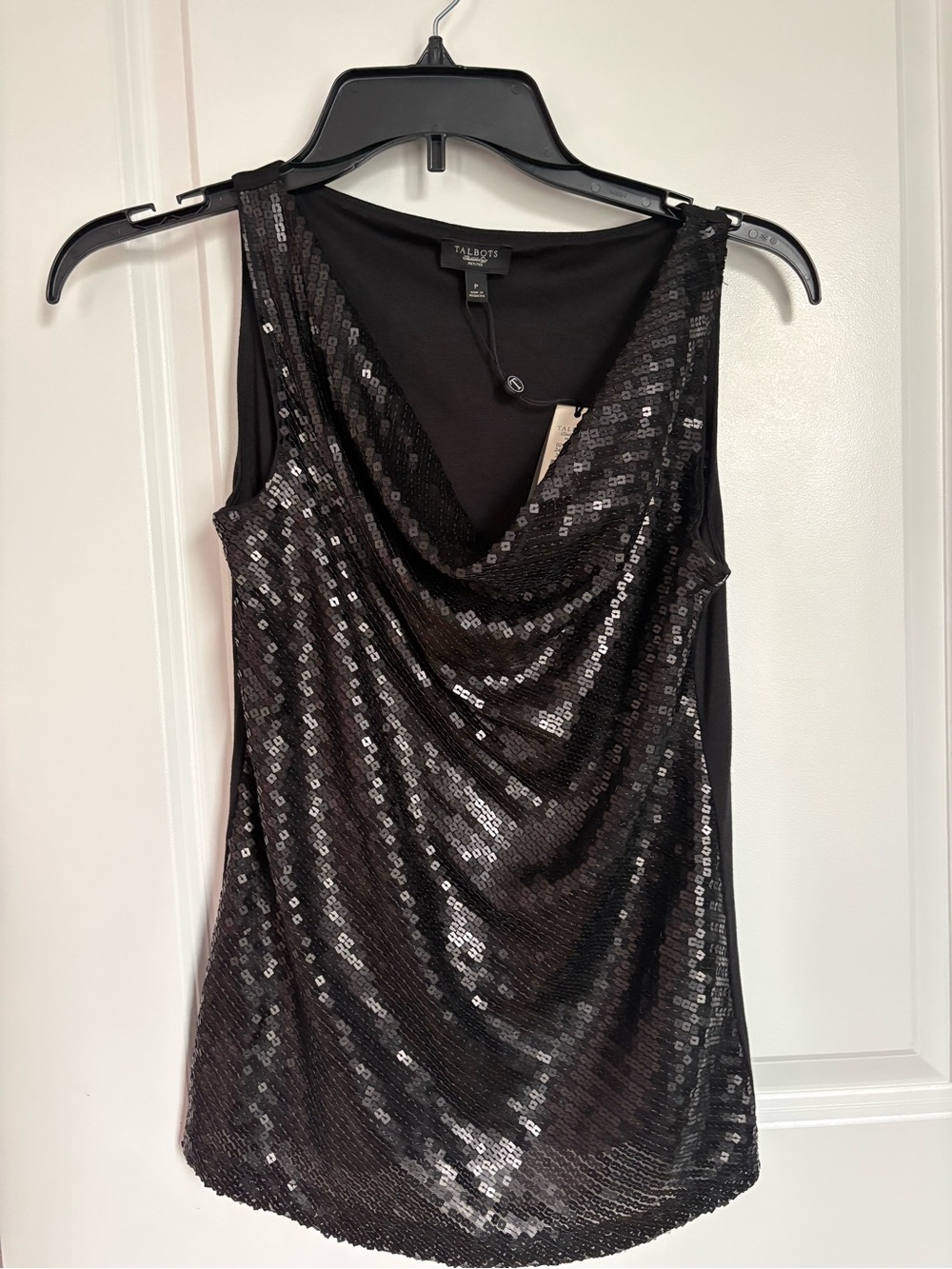 Talbots Black Sequin Drape Neck Tank